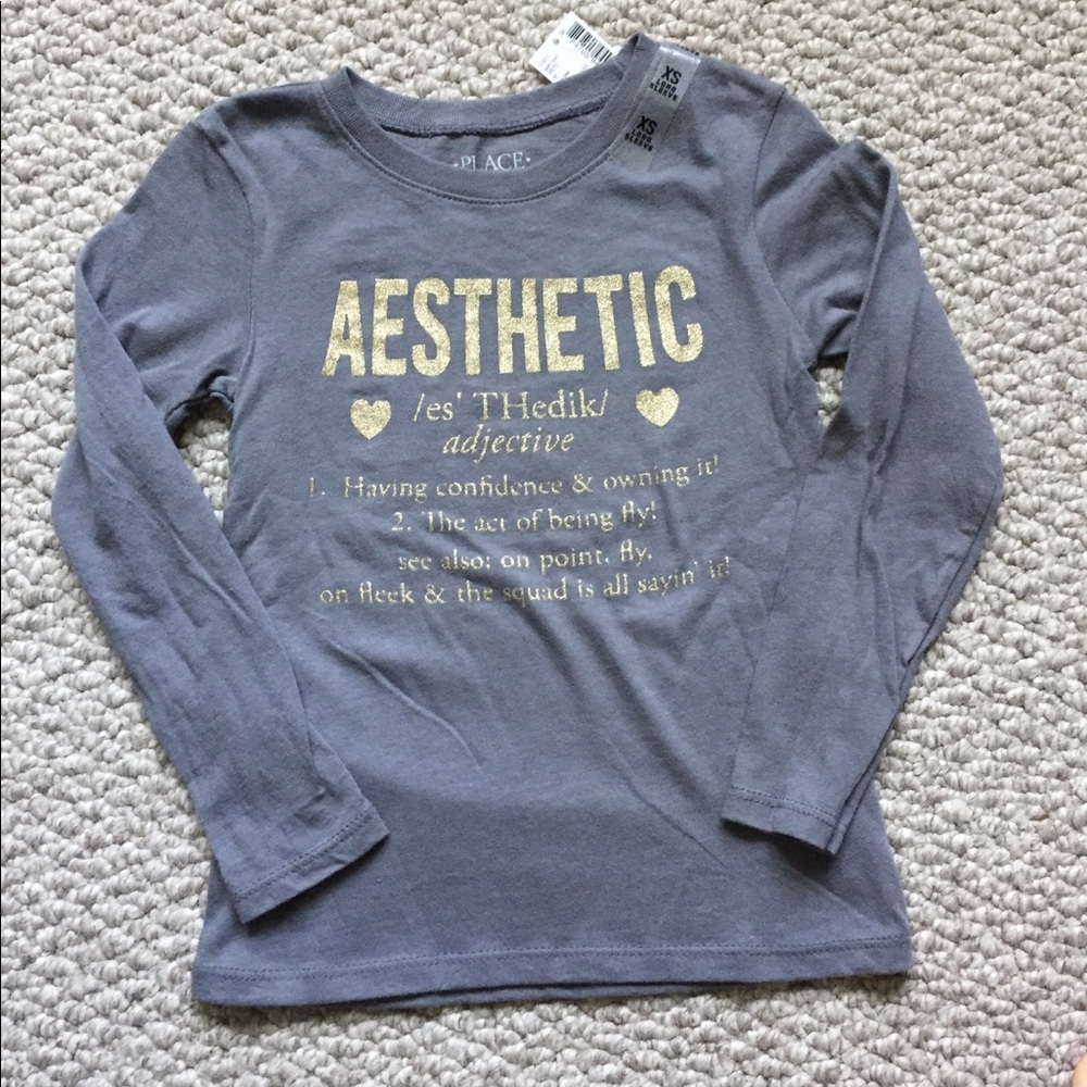 The Place Aesthetic Long Sleeve Shirt XS 4 Gray Gold Definition‎ Graphic Tee